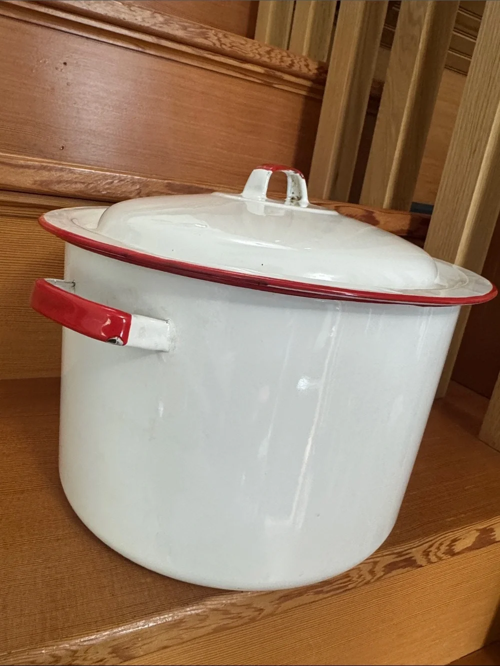VTG Large White Enamelware Stock Pot & Lid with Red Trim